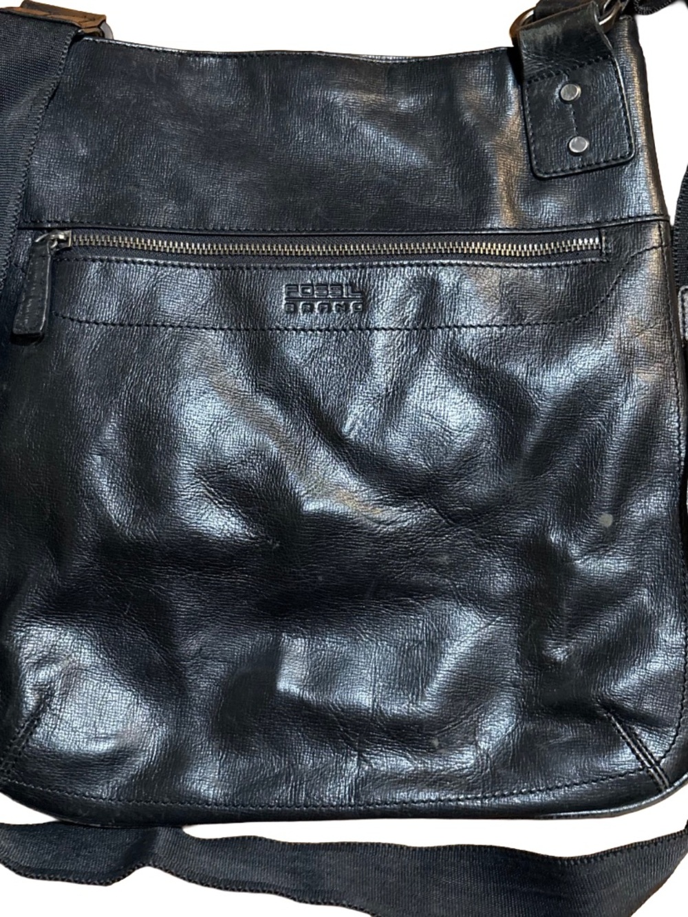 Fossil Black Leather Crossbody Messenger Bag